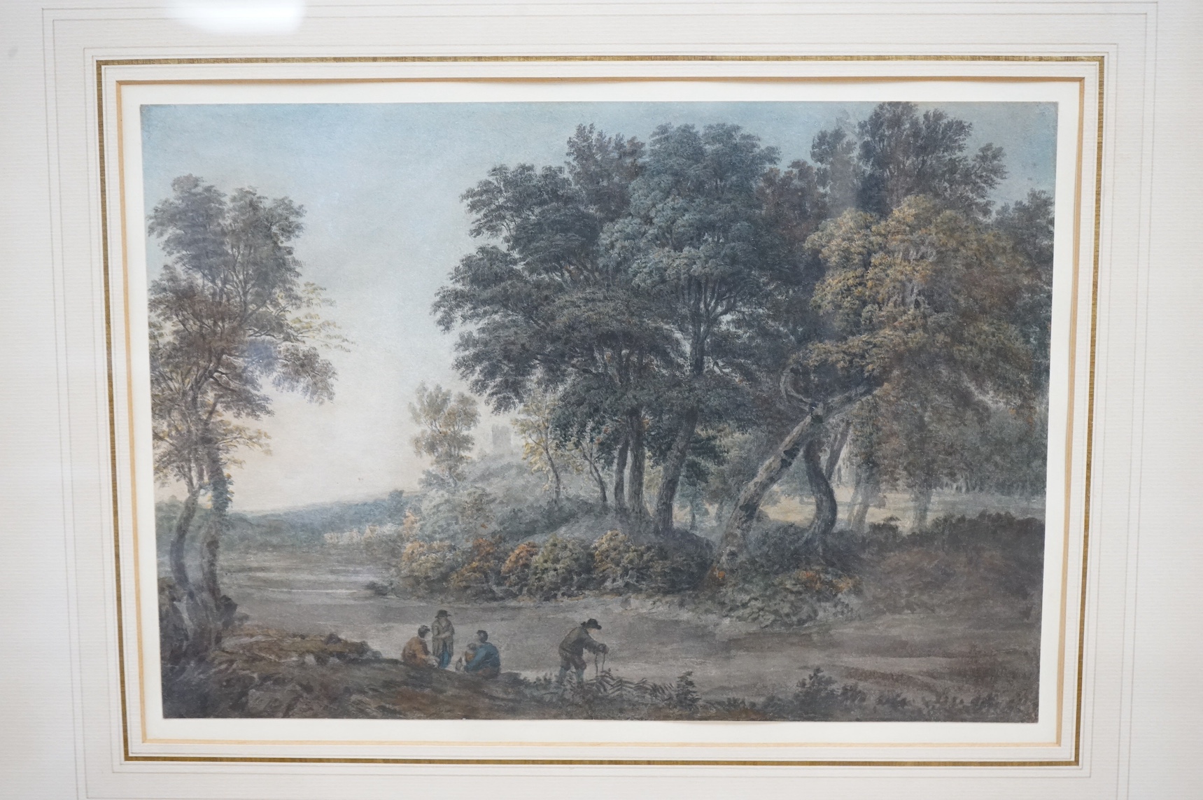 J. Glover, watercolour, Figures before a woodland together with E. Nevil, Thatched cottages, signed, largest 22 x 31cm. Condition - fair